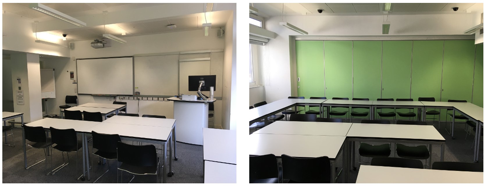 Chairs and tables in small groups around the room. The room has whiteboards fixed to the walls. The floor is carpeted.